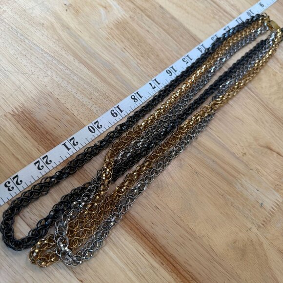 Multi-Tone Layered Chain Necklace Gold Silver & Black Metal Bold Statement - Picture 8 of 9